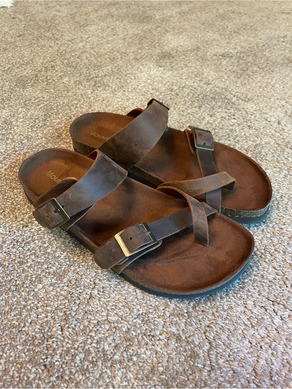 Mountain Sole Brown Leather Buckle Strap Sandals Slip On Flat Size 7 Birk Style - Picture 2 of 9